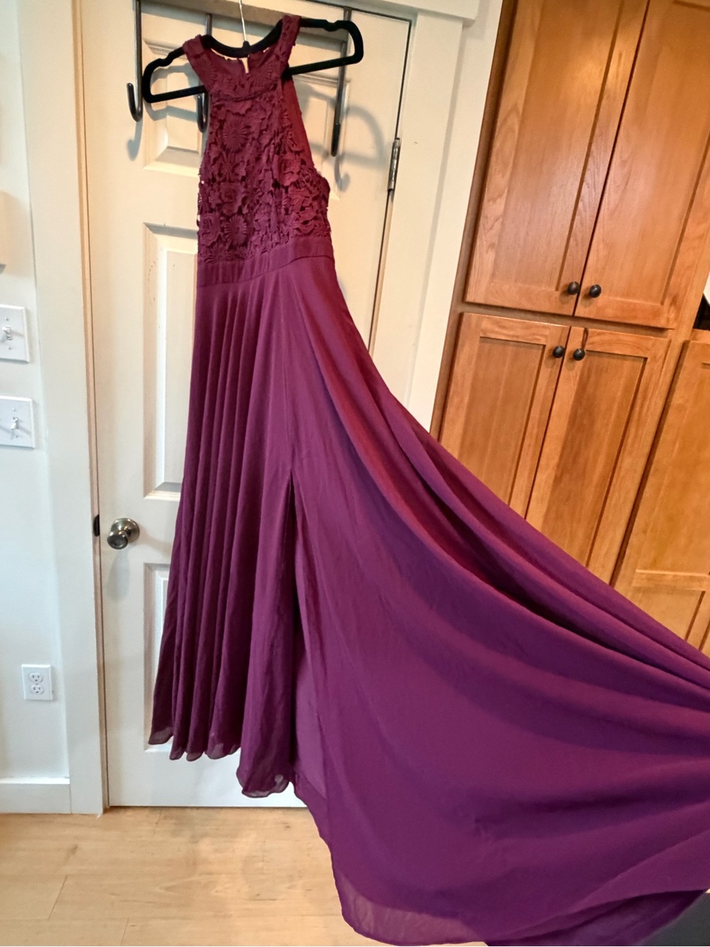 Lulus Burgundy Crochet Lace Chiffon Maxi Formal Dress Size M